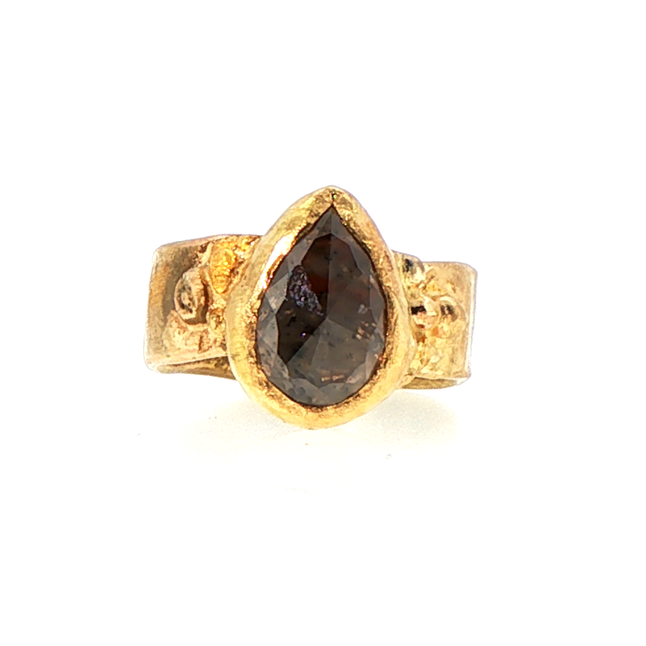 Peach Pear Shaped 3.77CT Rose Cut Diamond on our 6MM Gold Cigar Band