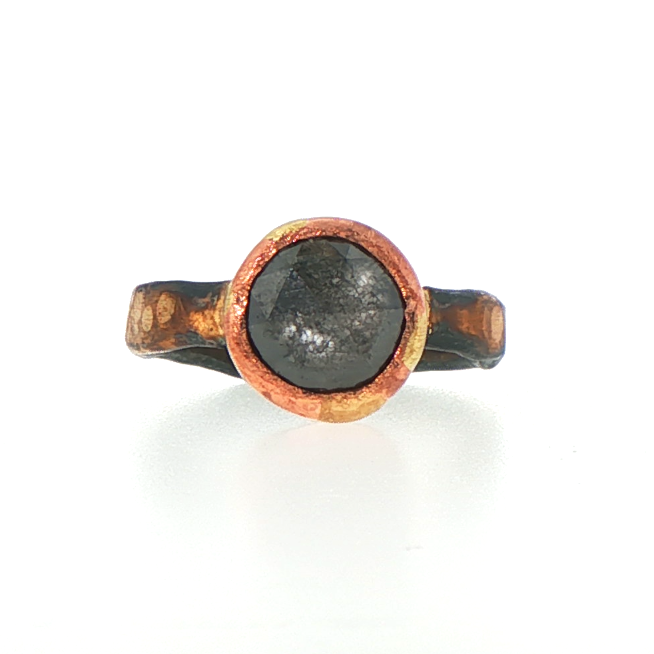 Natural 3.25CT Black Rose Cut Diamond on our Gold and Silver Skinny Seamed Band