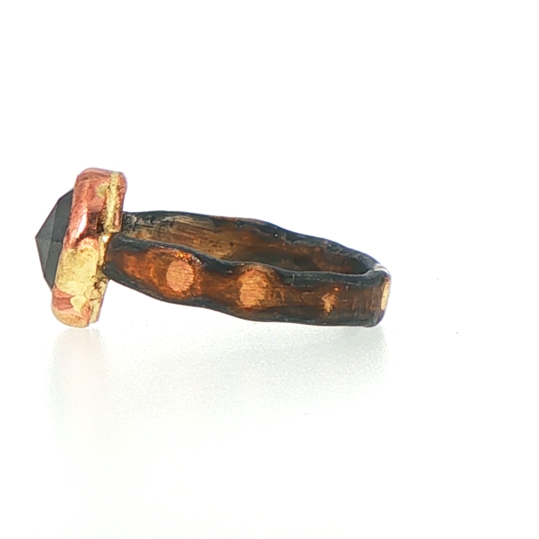 Natural 3.25CT Black Rose Cut Diamond on our Gold and Silver Skinny Seamed Band