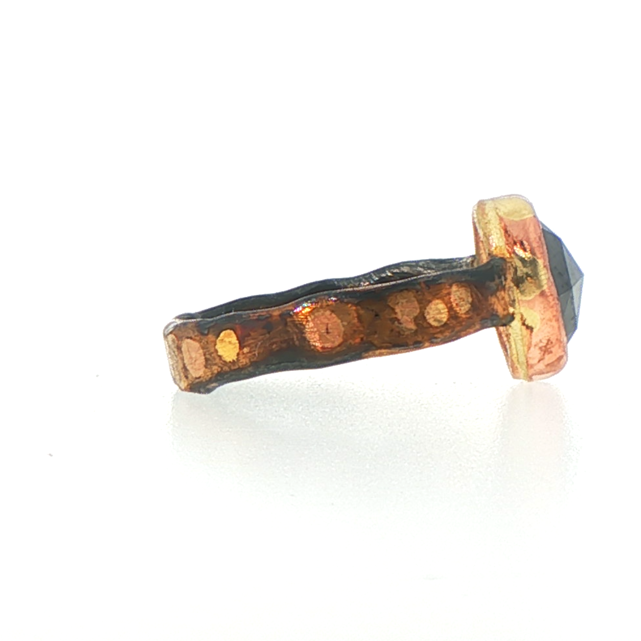 Natural 3.25CT Black Rose Cut Diamond on our Gold and Silver Skinny Seamed Band