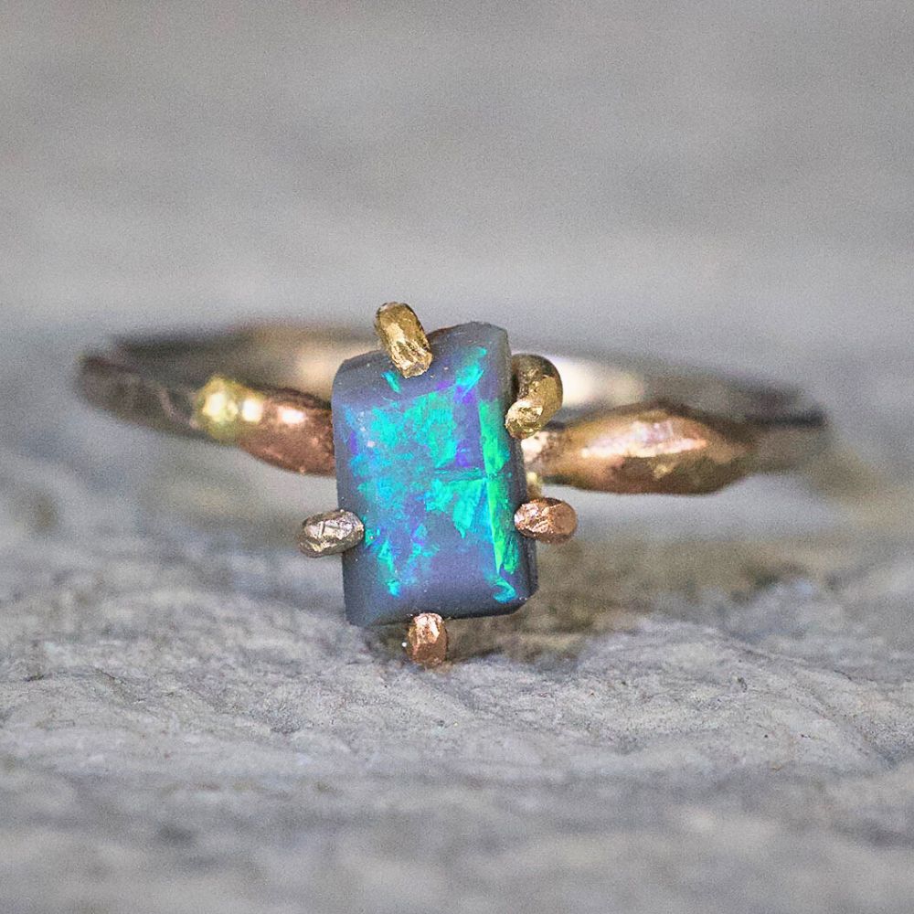 Australian Exceptional Opal Small Stone Ring on a Palladium and Gold Band