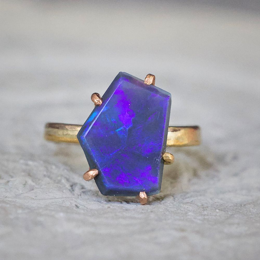 Australian Exceptional Dark Opal Medium Stone Ring on our 2MM Gold Skinny Seamed Band