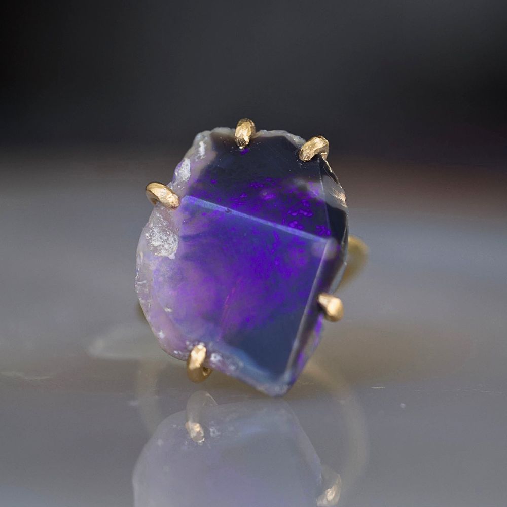 Australian Dark Purple Opal Large Stone Ring on a Yellow Gold Embedded Band
