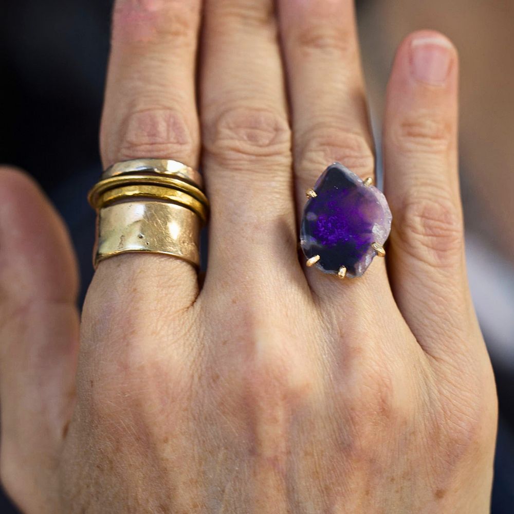 Australian Dark Purple Opal Large Stone Ring on a Yellow Gold Embedded Band
