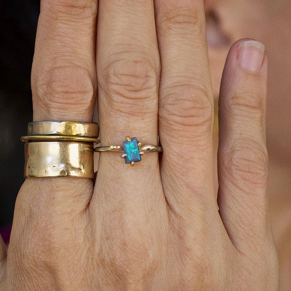 Australian Exceptional Opal Small Stone Ring on a Palladium and Gold Band