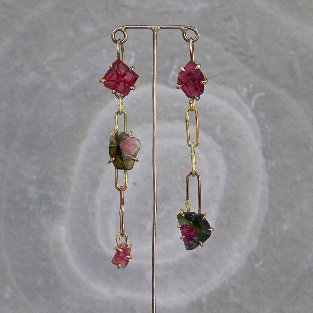 rough dark pink and watermelon tourmaline on gold day-to-night chain earring