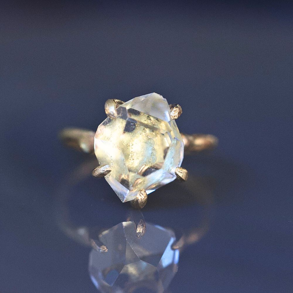 Herkimer Quartz Medium Stone Ring on a Yellow Gold Band