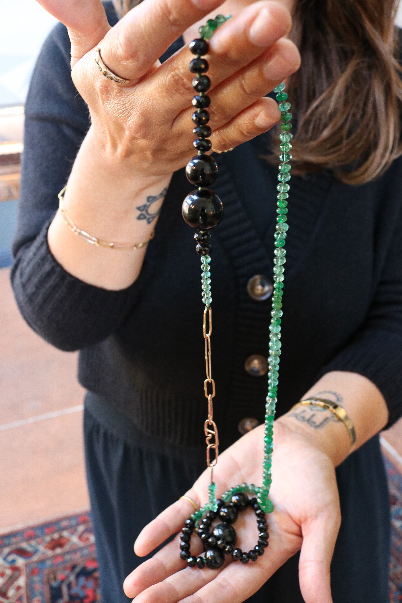 Emerald, Black Spinel and Black Jade Long Strand