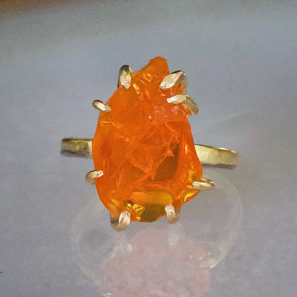 Mexican Fire Opal Large Stone Ring on our 2MM Gold Skinny Seamed Band