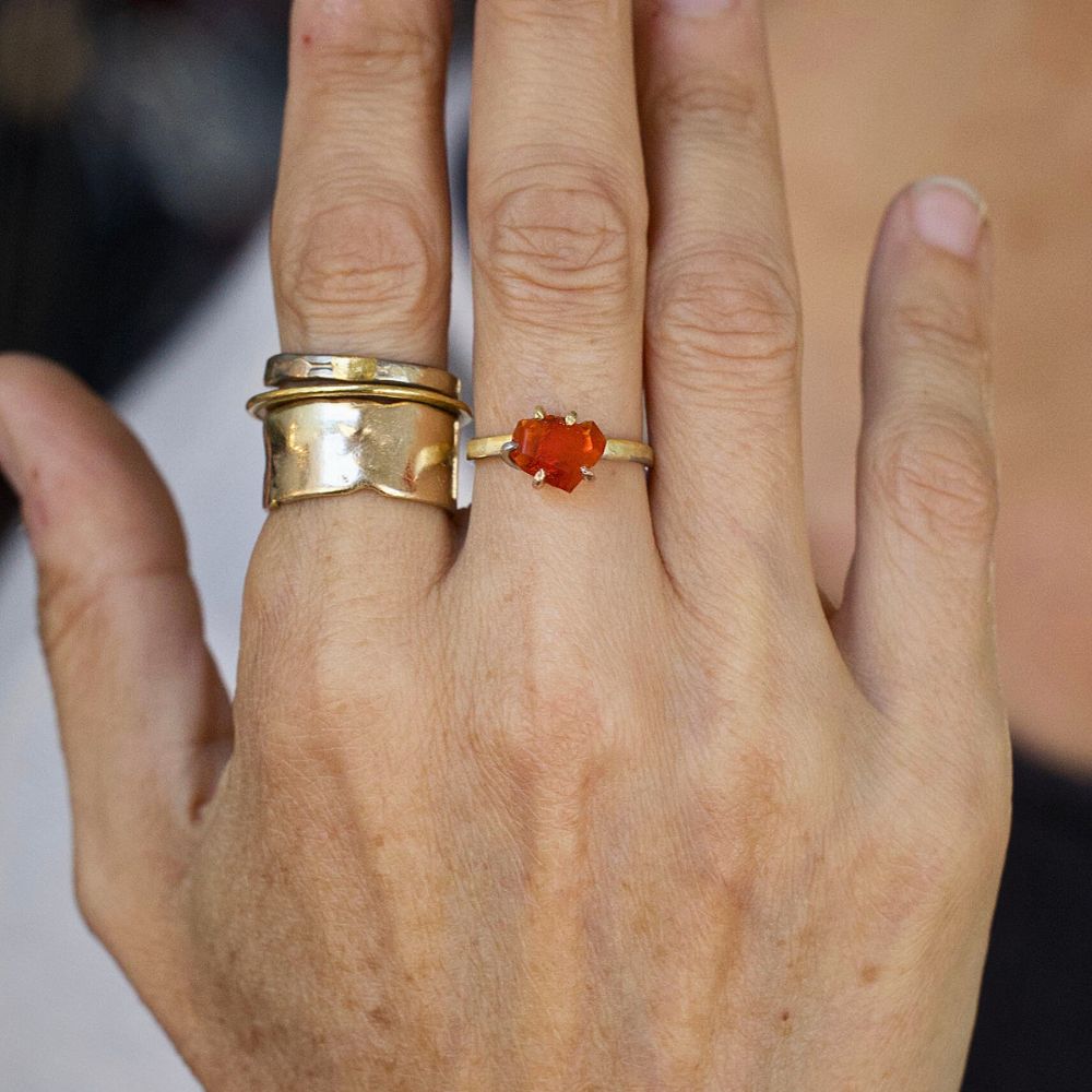 Mexican Fire Opal Small Stone Ring on our 2MM Gold Skinny Seamed Band