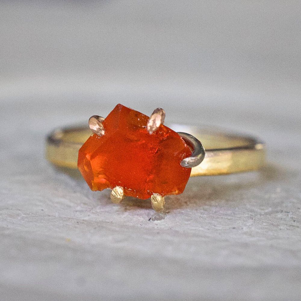 Mexican Fire Opal Small Stone Ring on our 2MM Gold Skinny Seamed Band
