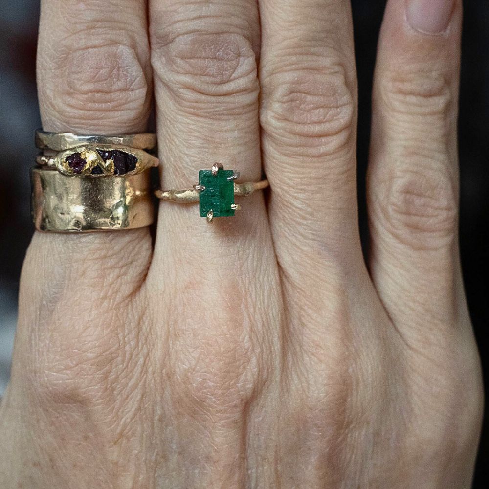 Zambian Emerald Small Stone Ring on a Yellow Gold Band