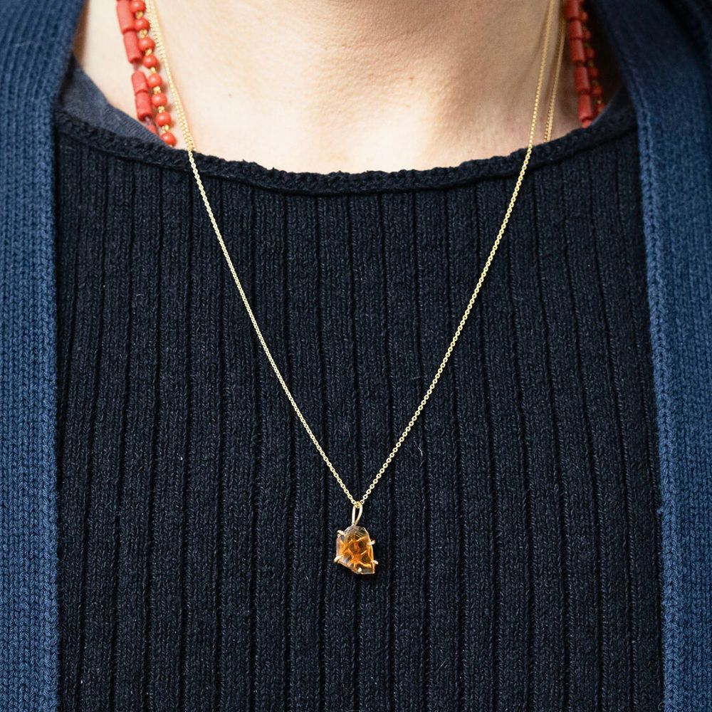 Citrine Small Stone Pendant with a Yellow Gold Cable Chain