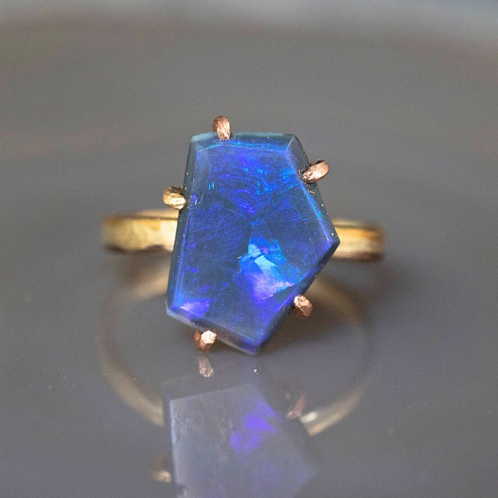 Australian Exceptional Dark Opal Medium Stone Ring on our 2MM Gold Skinny Seamed Band