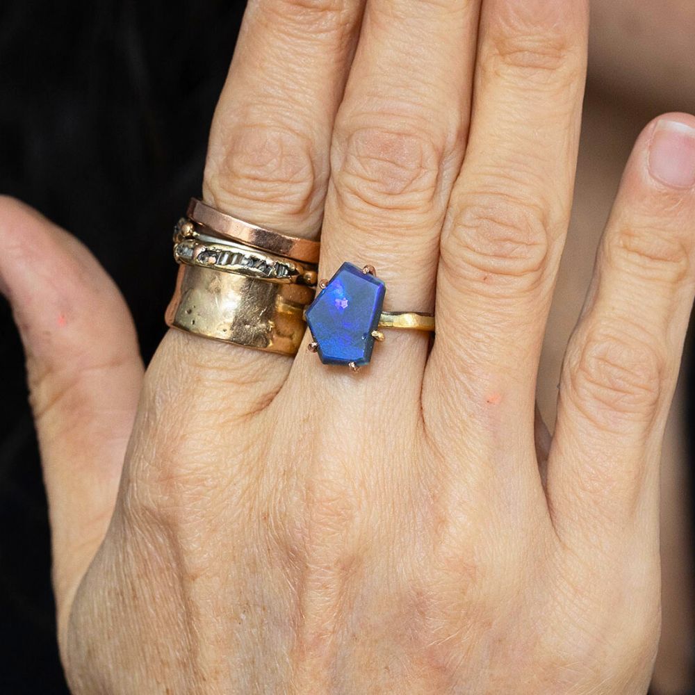 Australian Exceptional Dark Opal Medium Stone Ring on our 2MM Gold Skinny Seamed Band