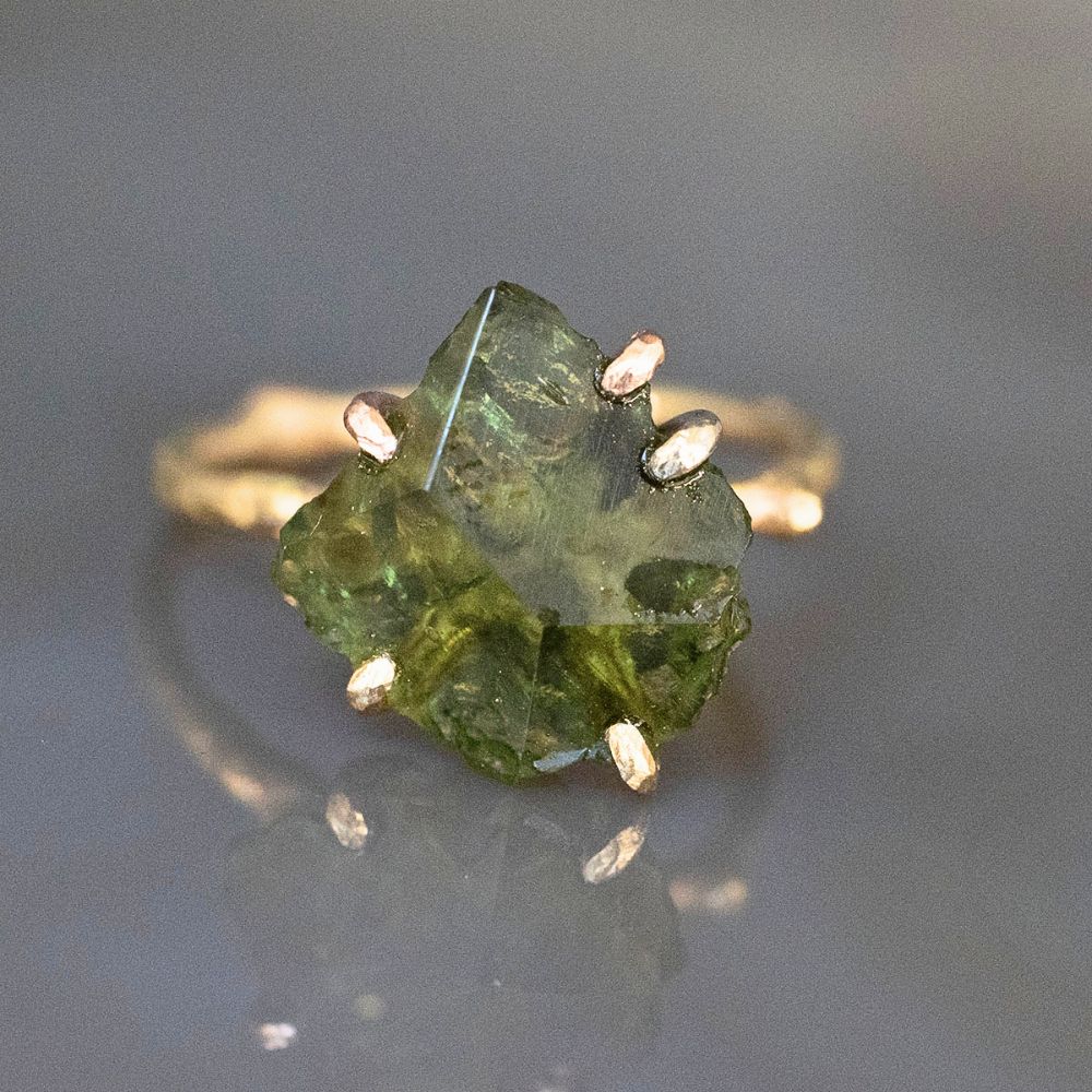 Moldavite Medium Stone Ring on a Yellow Gold Band