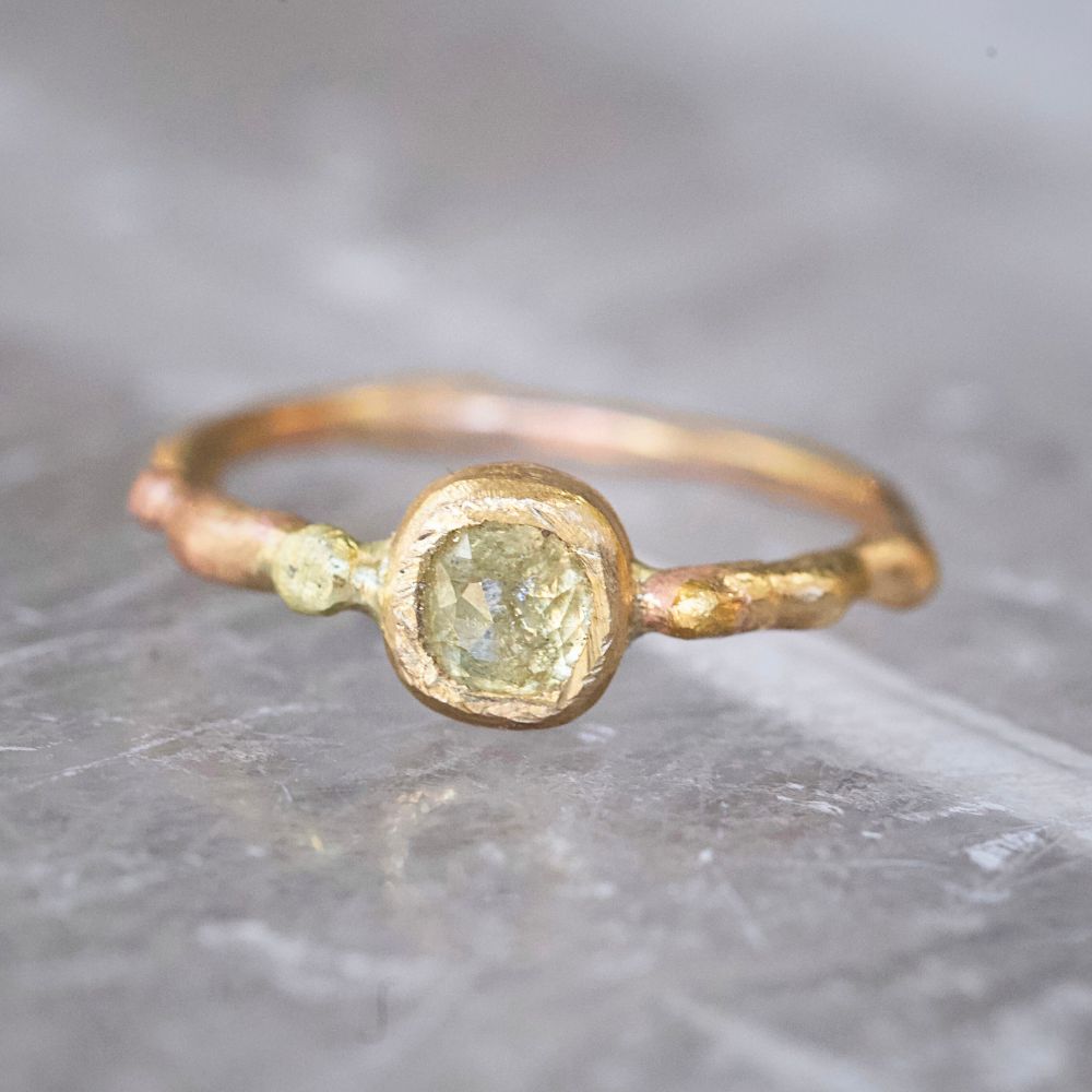 Soft Yellow Rose Cut Diamond Ring on a Yellow Gold Band