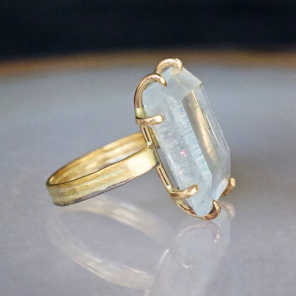 Aquamarine Large Stone Ring on a 3MM Gold Skinny Seamed Band