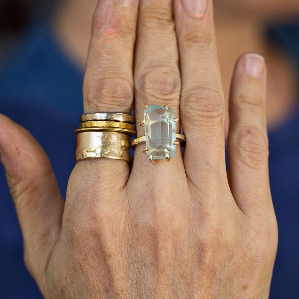 Aquamarine Large Stone Ring on our 2MM Gold Skinny Seamed Band