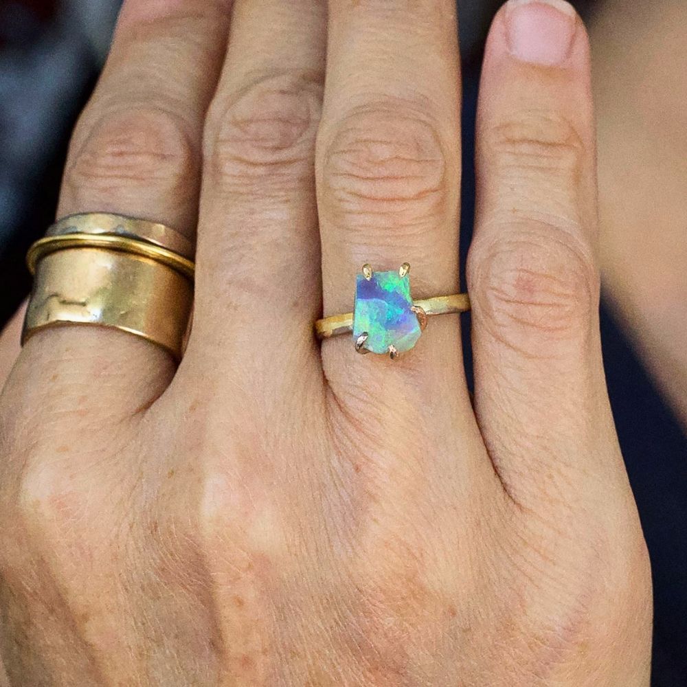 Australian Exceptional Opal Medium Stone Ring on our 2MM Gold Skinny Seamed Band