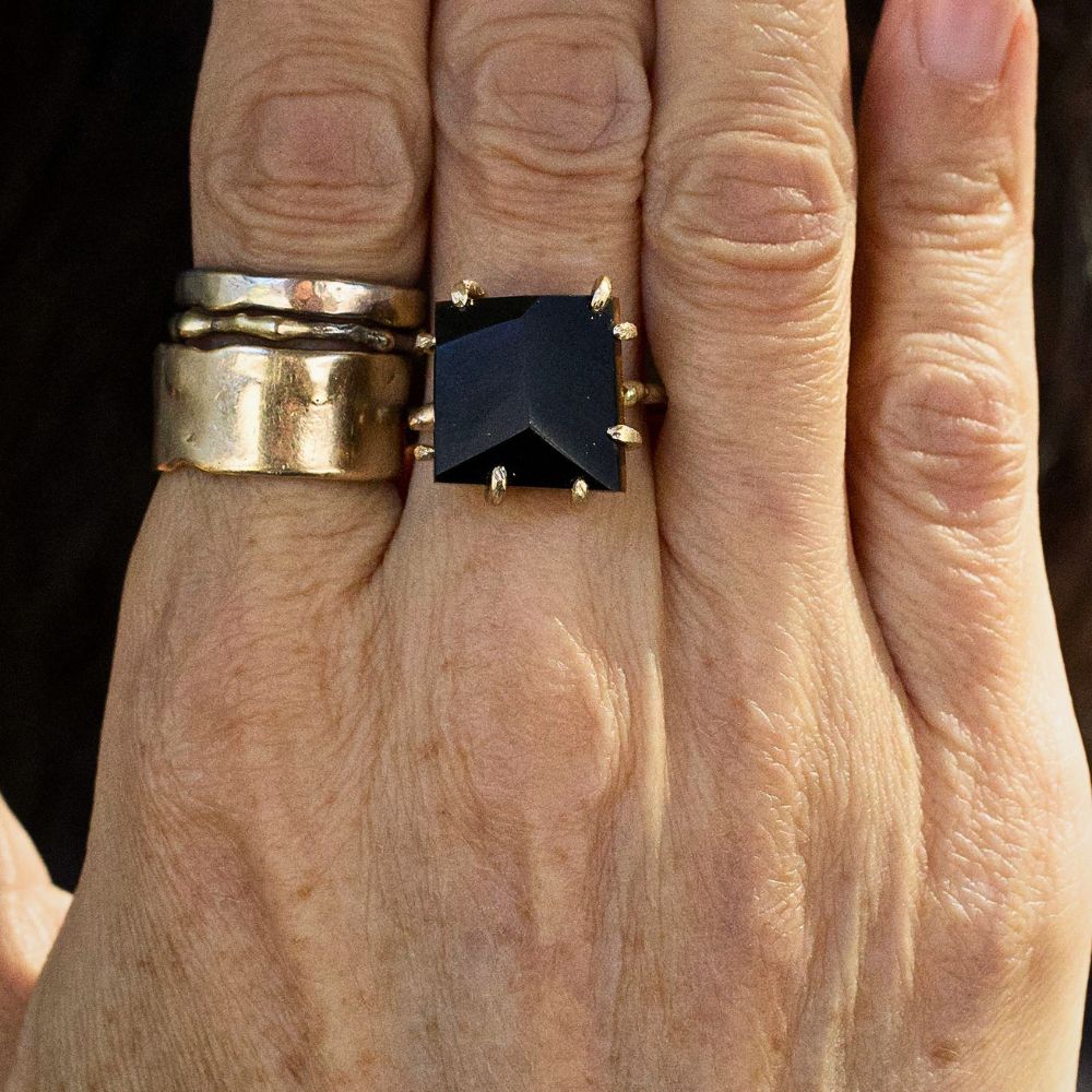 Wyoming Black Jade Large Stone Ring on a Palladium and Gold Band