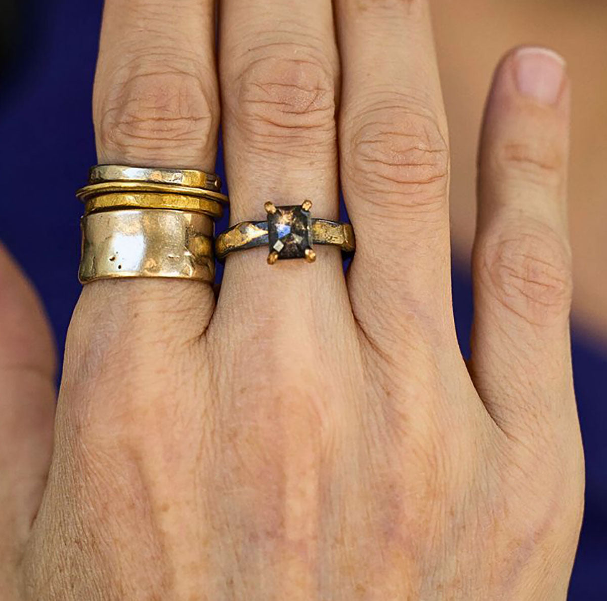 Dark Salt and Pepper 1.68CT Rose Cut Diamond Ring on our Gold and Silver Skinny Seamed Band