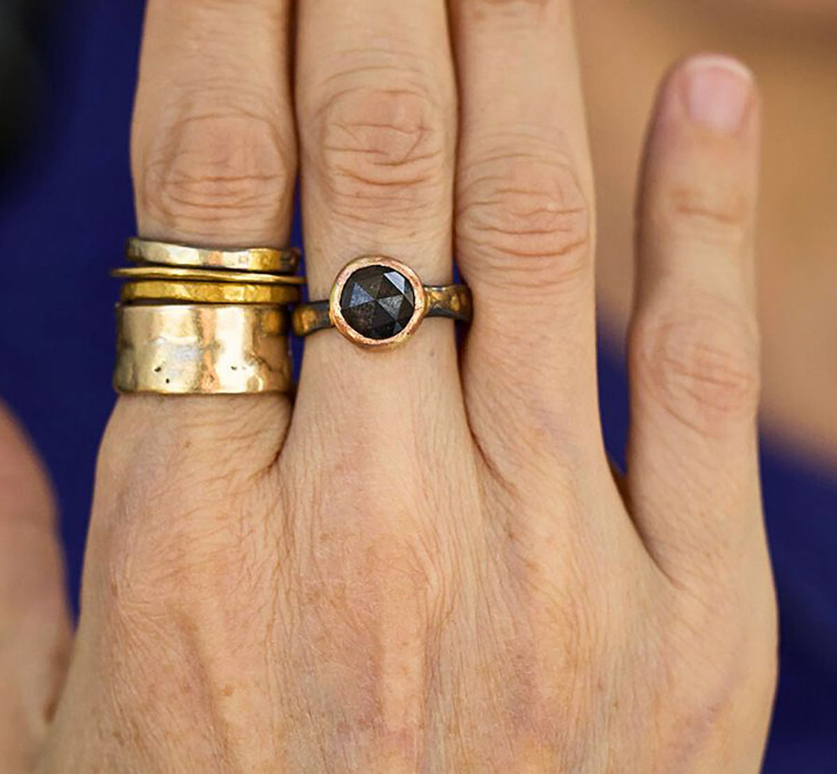 Natural 3.25CT Black Rose Cut Diamond on our Gold and Silver Skinny Seamed Band