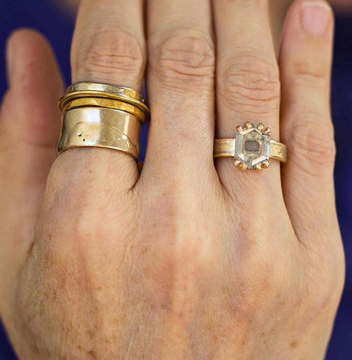 Salt and Pepper 2CT Portrait Cut Diamond on Our New Classic Gold Linear Band