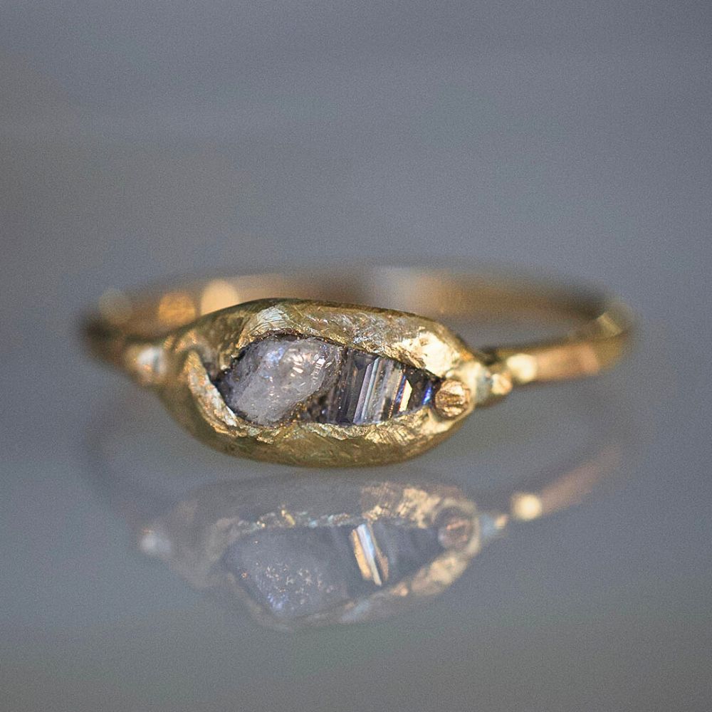 Rough and Baguette Diamond Band Mini with a Yellow Gold  Band