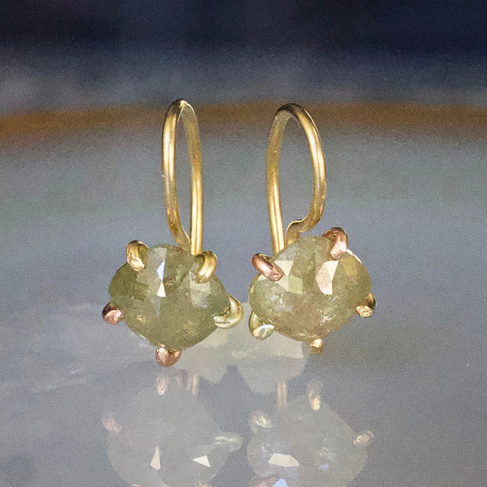 Yellow Green 1.92ct Rose Cut Diamond Hook Earrings