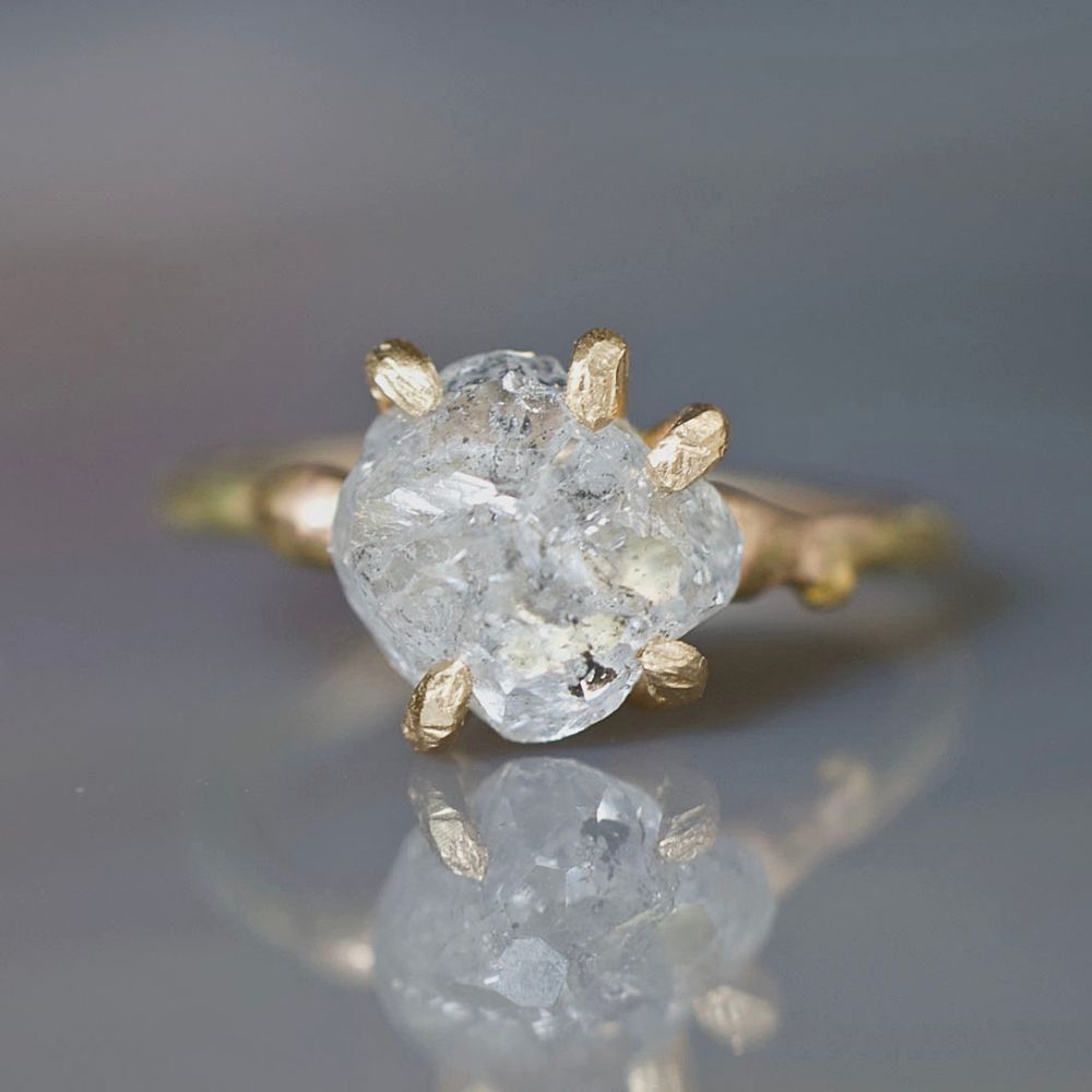 Rough Cut 2.15 ct Salt and Pepper Diamond Ring on a Yellow Gold Band