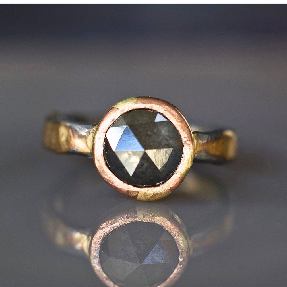 Natural 3.25CT Black Rose Cut Diamond on our Gold and Silver Skinny Seamed Band