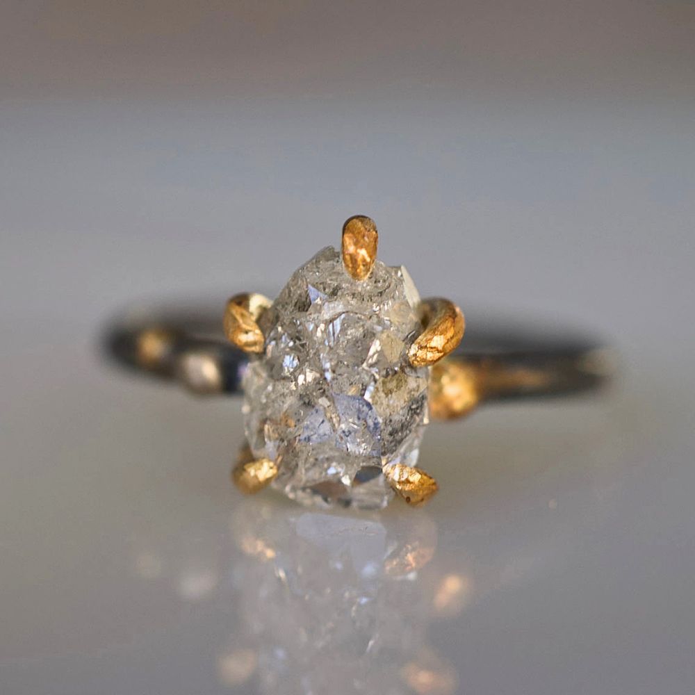 Rough Cut 2.56ct Salt and Pepper Diamond Ring