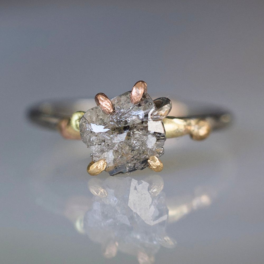 Rough Cut .86ct Salt and Pepper Diamond Ring on a Palladium and Gold Band
