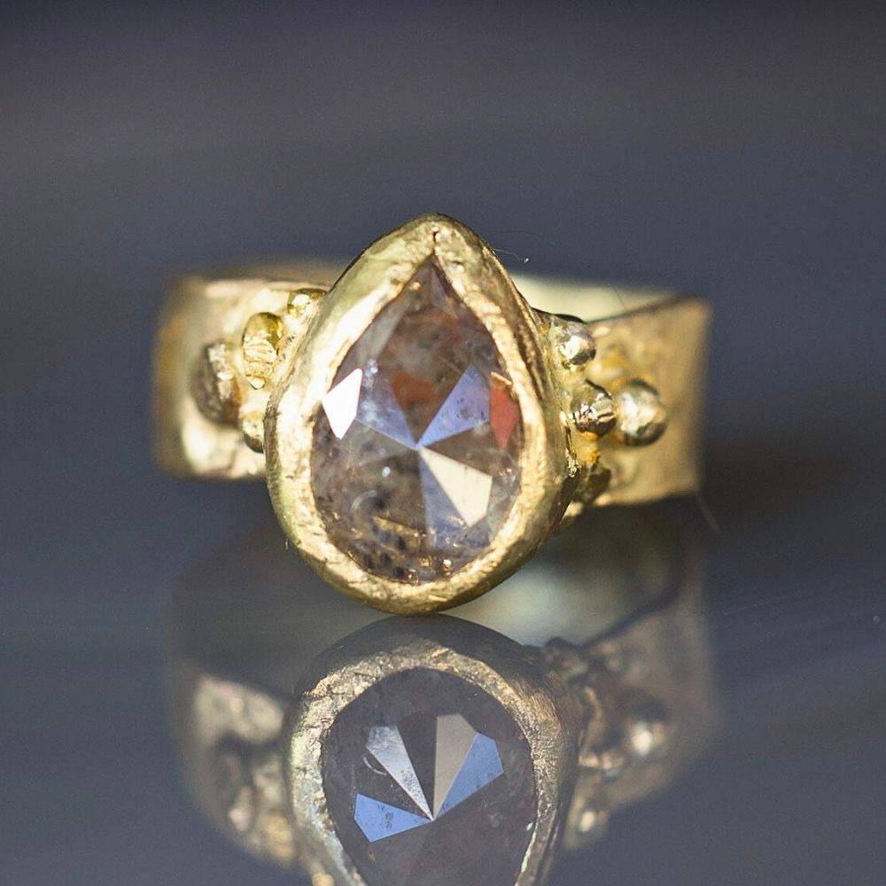 Peach Pear Shaped 3.77CT Rose Cut Diamond on our 6MM Gold Cigar Band