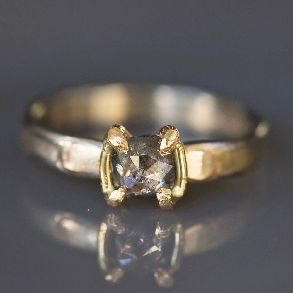 Salt and Pepper .56CT Rose Cut Diamond on our Palladium and Gold Skinny Seamed Band