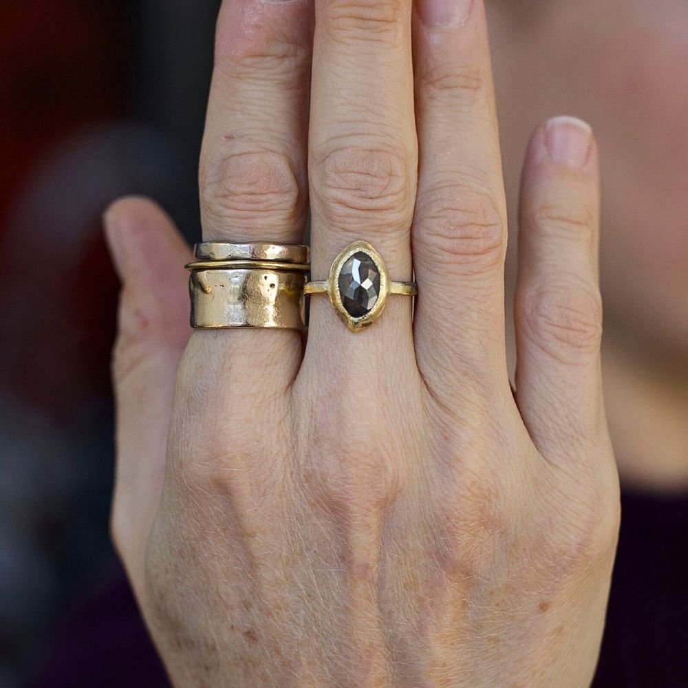 Salt and Pepper 2.38CT Rose Cut Diamond on our Gold Skinny Seamed Band