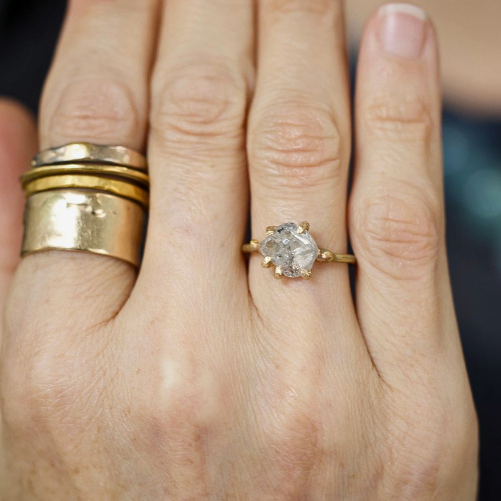 Rough Cut 2.15 ct Salt and Pepper Diamond Ring on a Yellow Gold Band