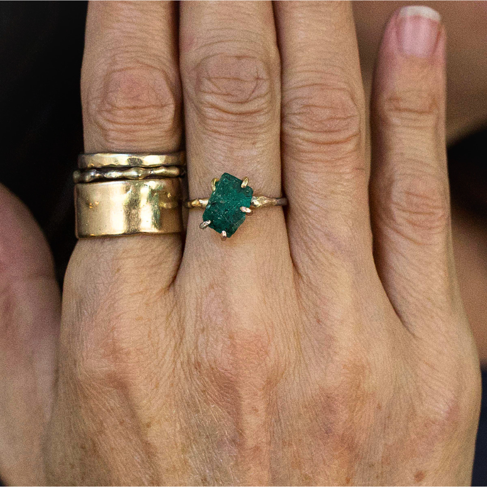 Zambian Emerald Medium Stone Ring on a Palladium and Gold Embedded Band