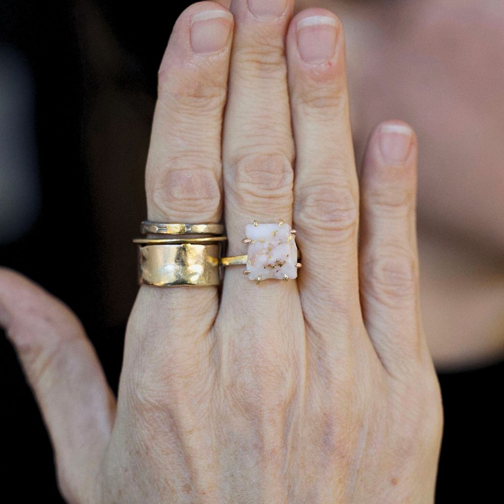 Gold Quartz Medium Stone Ring on our 2MM Gold Skinny Seamed Band