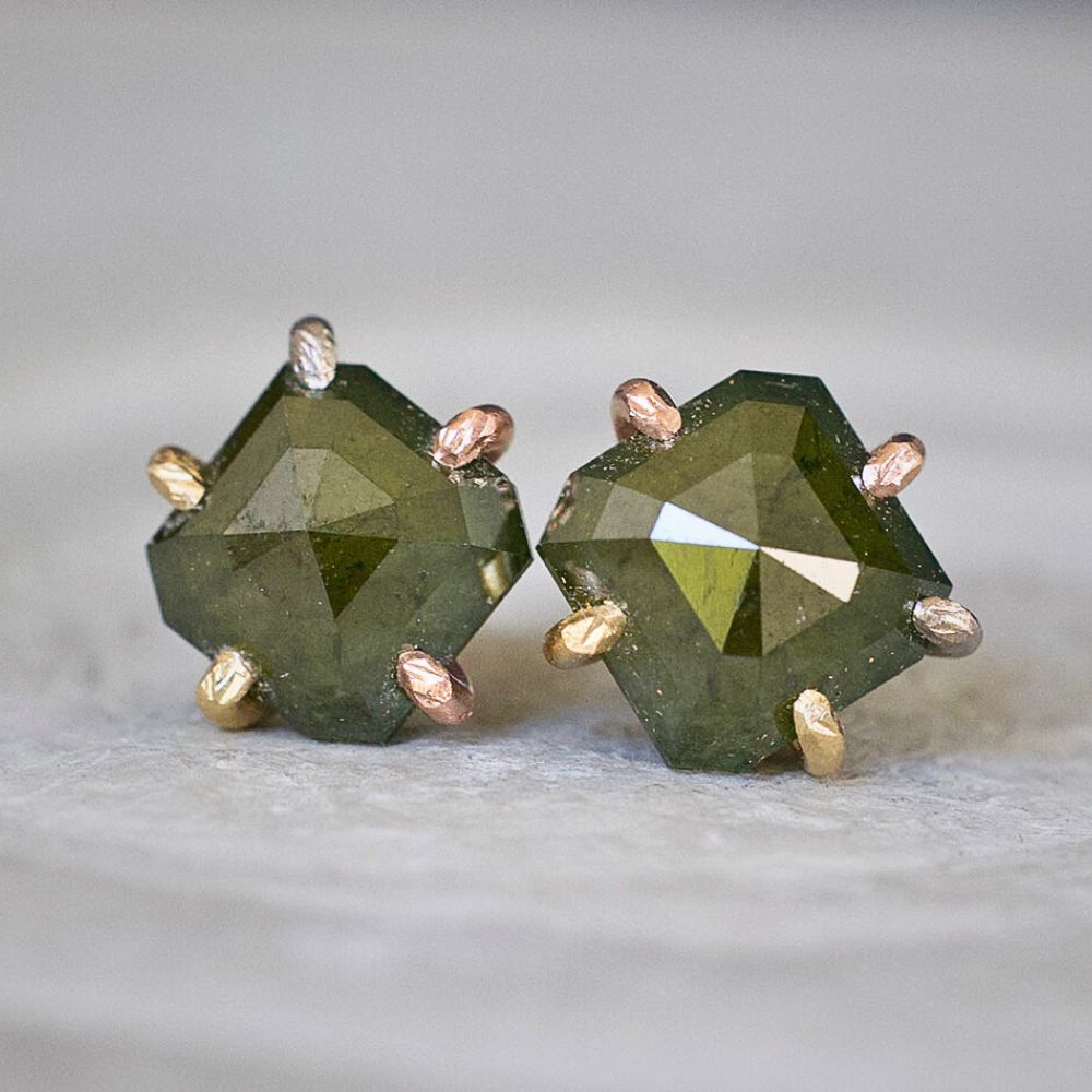 Green 3.68ct Rose Cut Diamond Studs