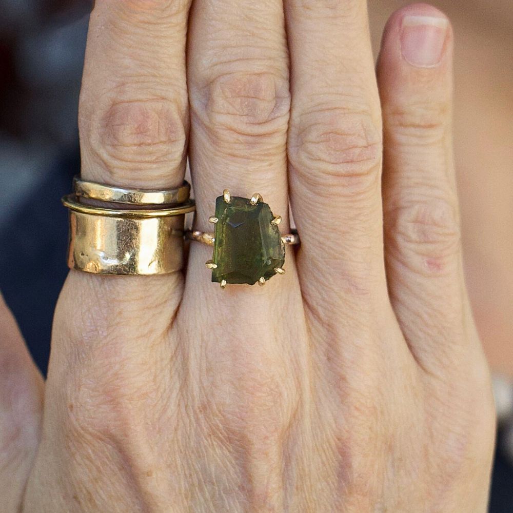 Moldavite Medium Stone Ring on a Palladium and Gold Band