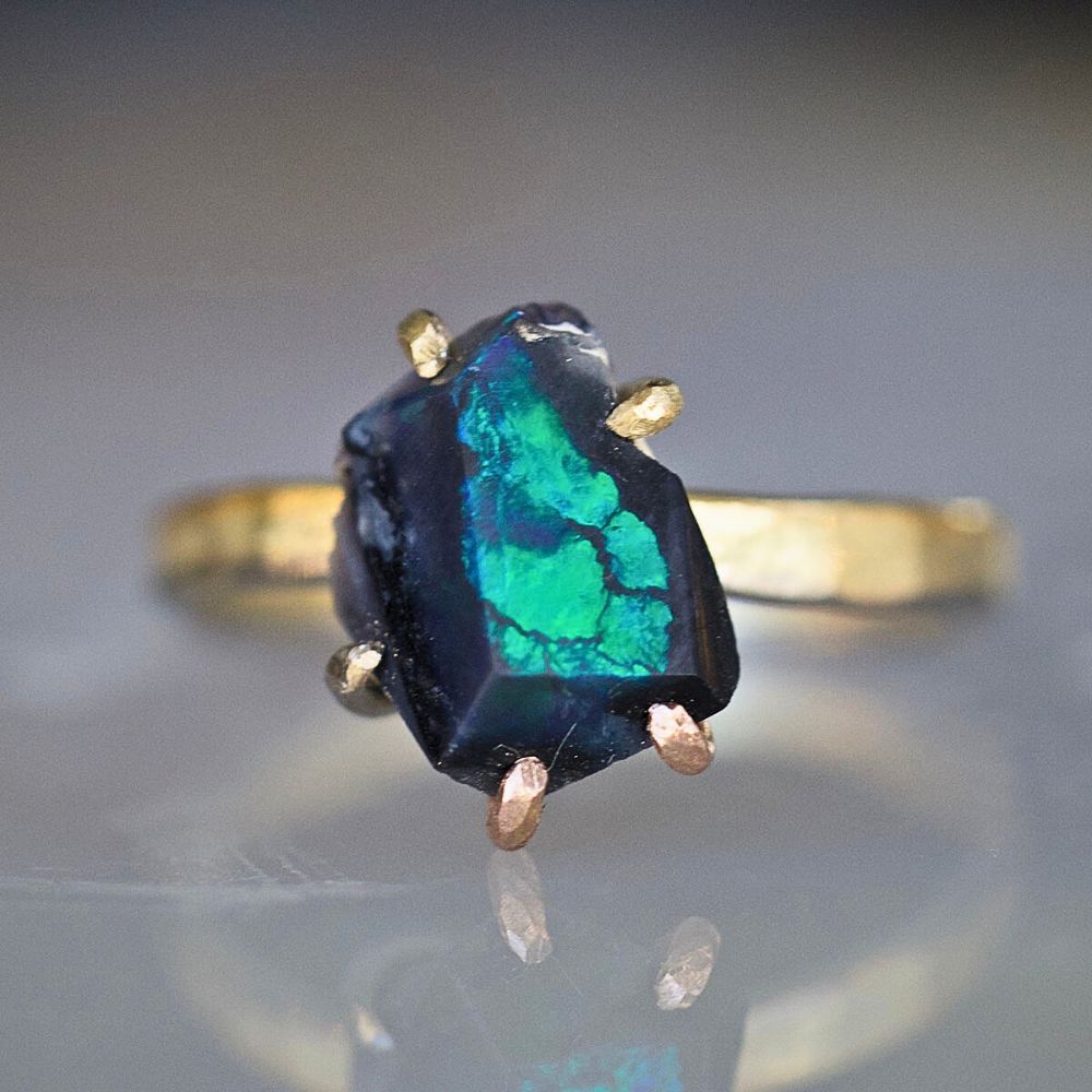 Australian Opal Medium Stone Ring on our 2MM Gold Skinny Seamed Band