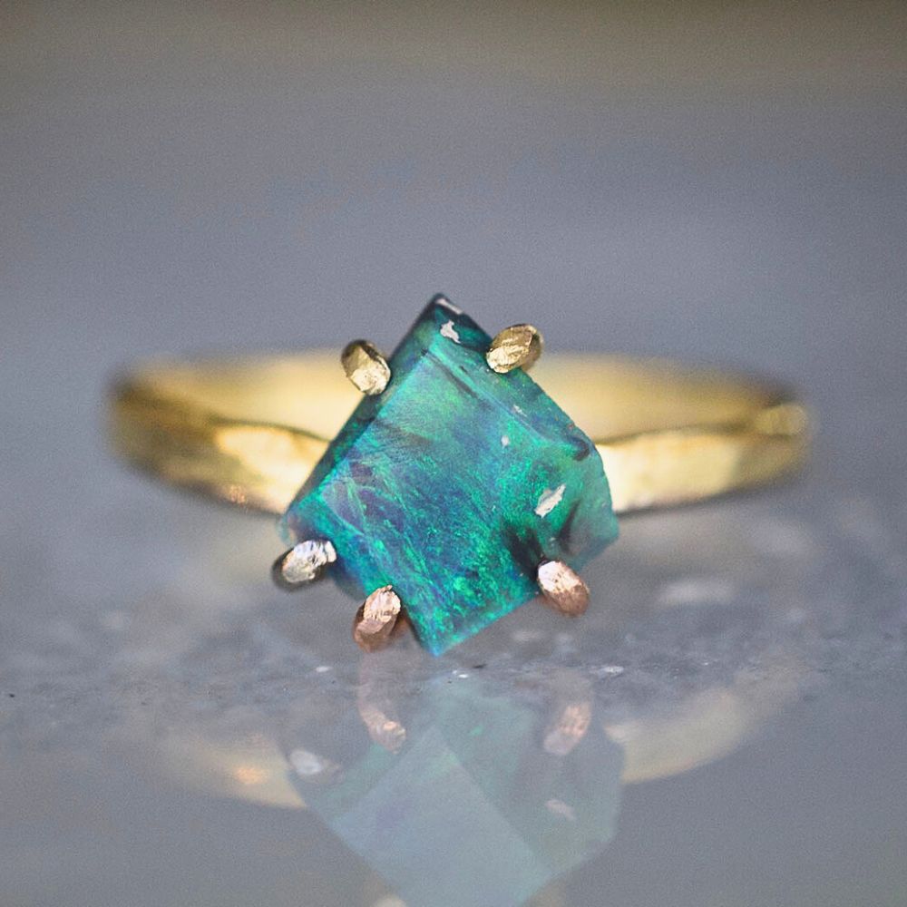 Australian Exceptional Opal Small Stone Ring on our 2MM Gold Skinny Seamed Band