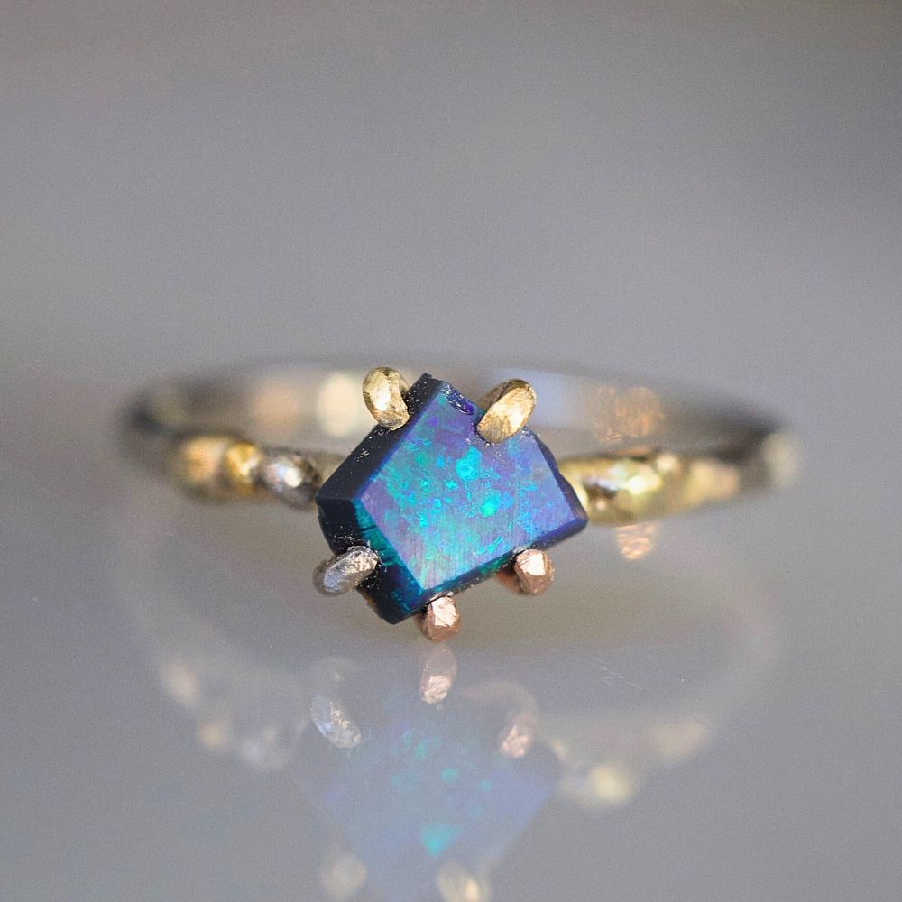 Australian Dark Opal Small Stone Ring on a Palladium and Gold Band