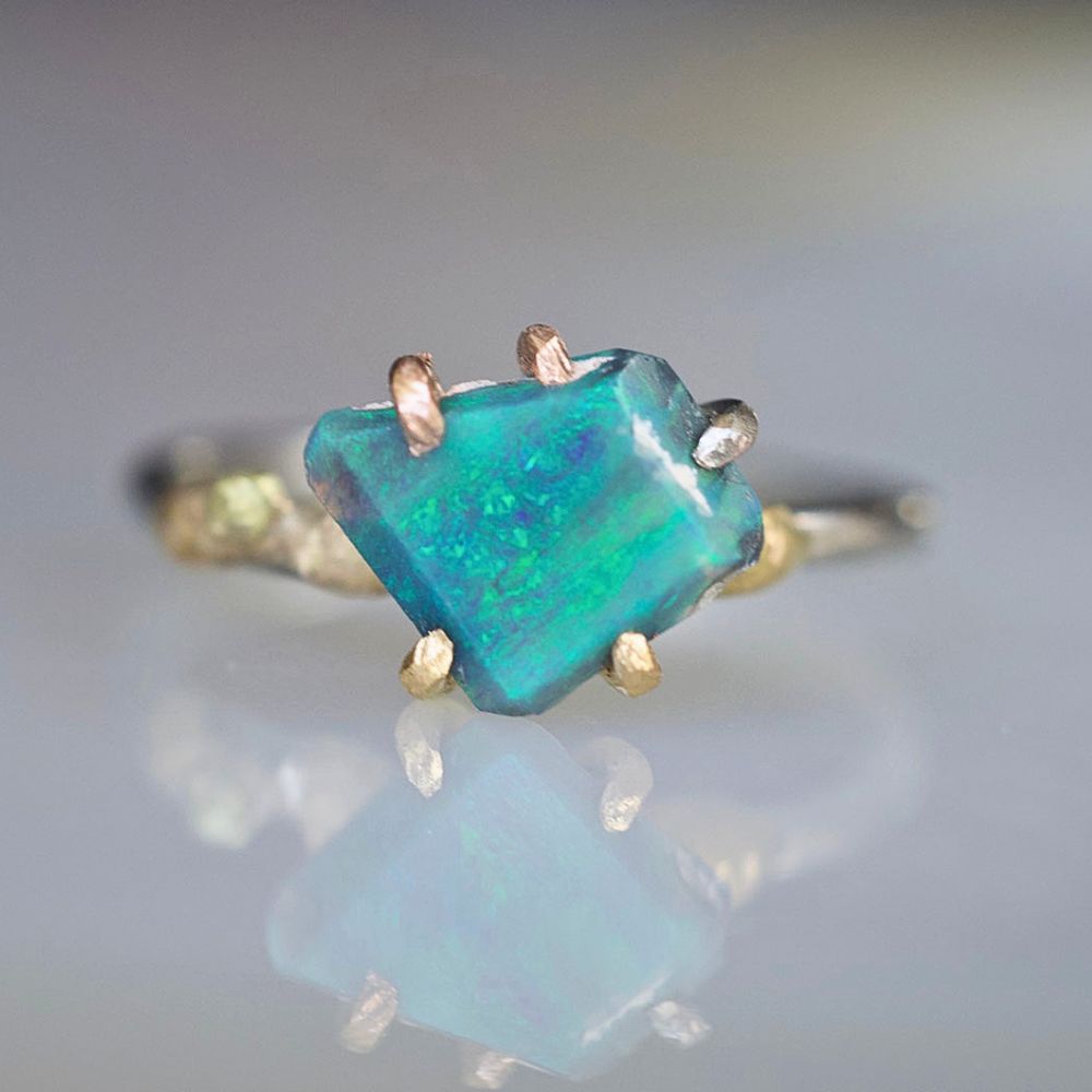 Australian Exceptional Opal Medium Stone Ring on a Palladium and Gold Embedded Band)