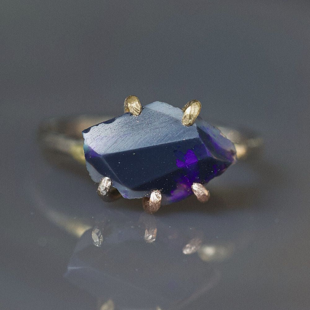 Australian Dark Opal Small Stone Ring on a Palladium and Gold Band