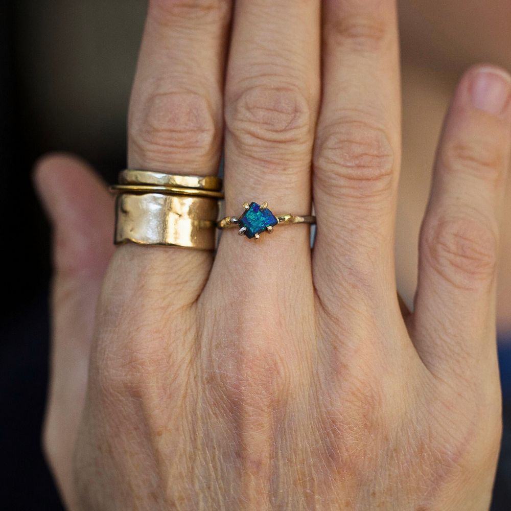 Australian Dark Opal Small Stone Ring on a Palladium and Gold Band