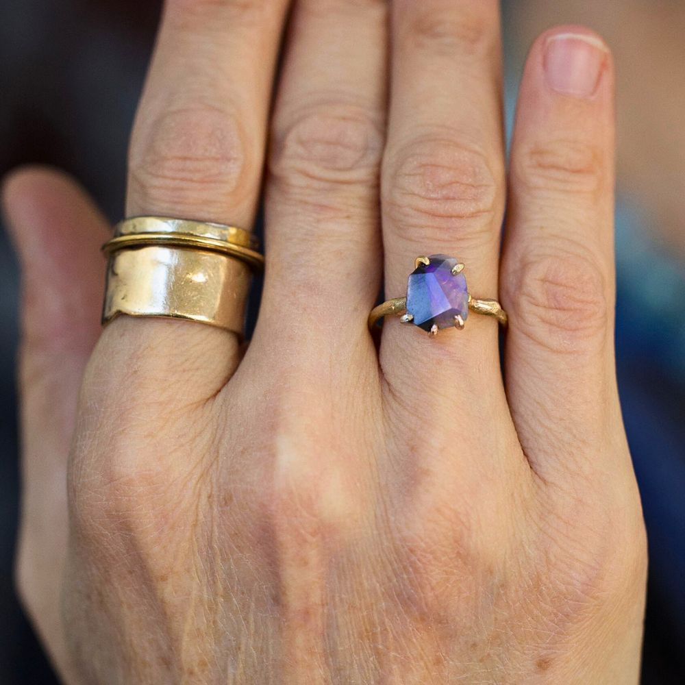 Australian Purple Opal Medium Stone Ring on a Yellow Gold Band
