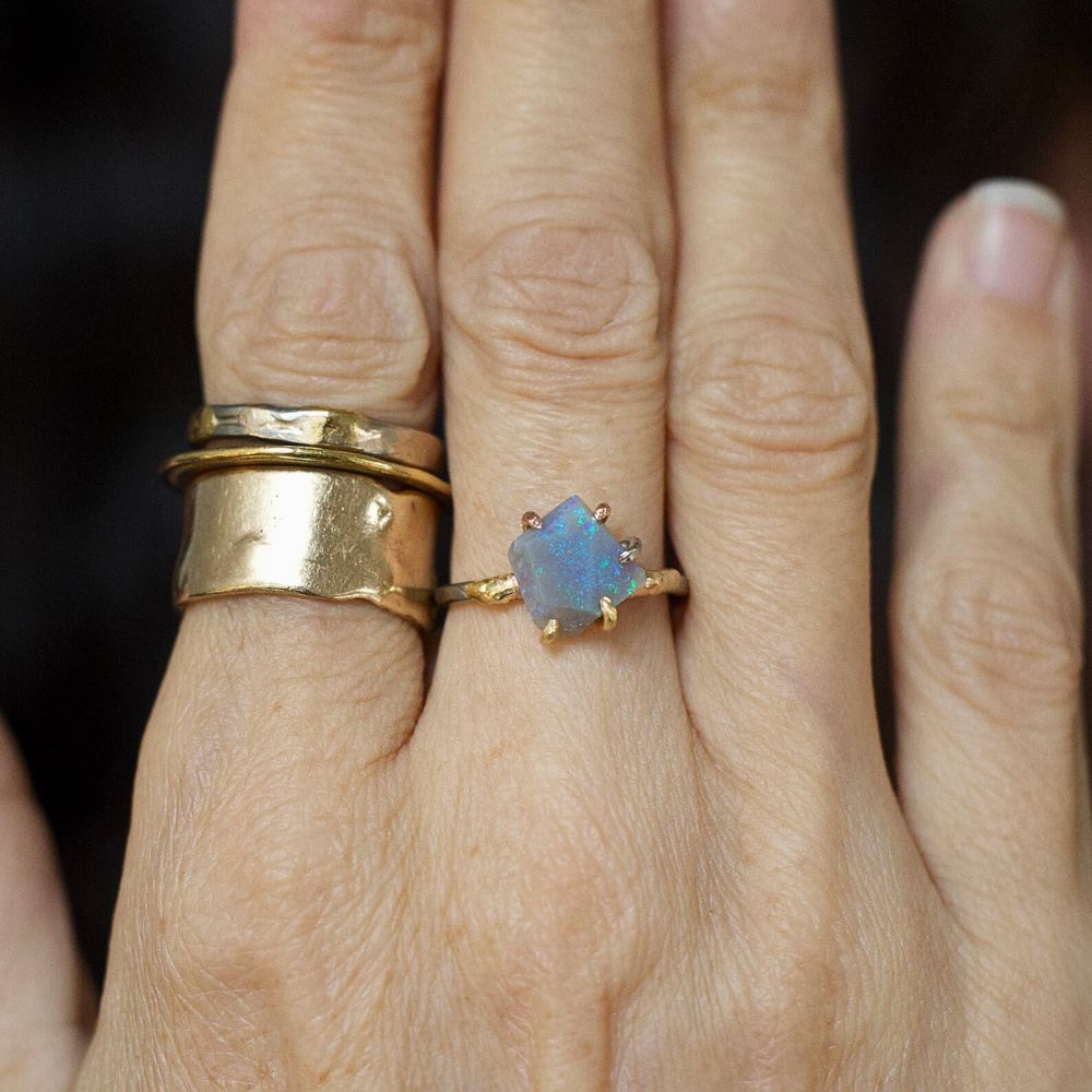 Australian Opal Small Stone Ring on a Palladium and Gold Band